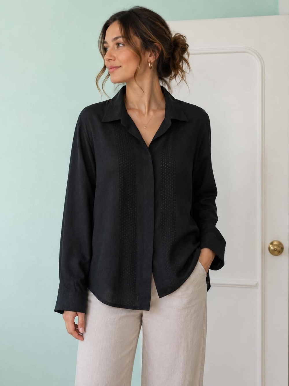 100% Silk ❤️Simon Chang Black Button-Front Collared Long Sleeve Blouse